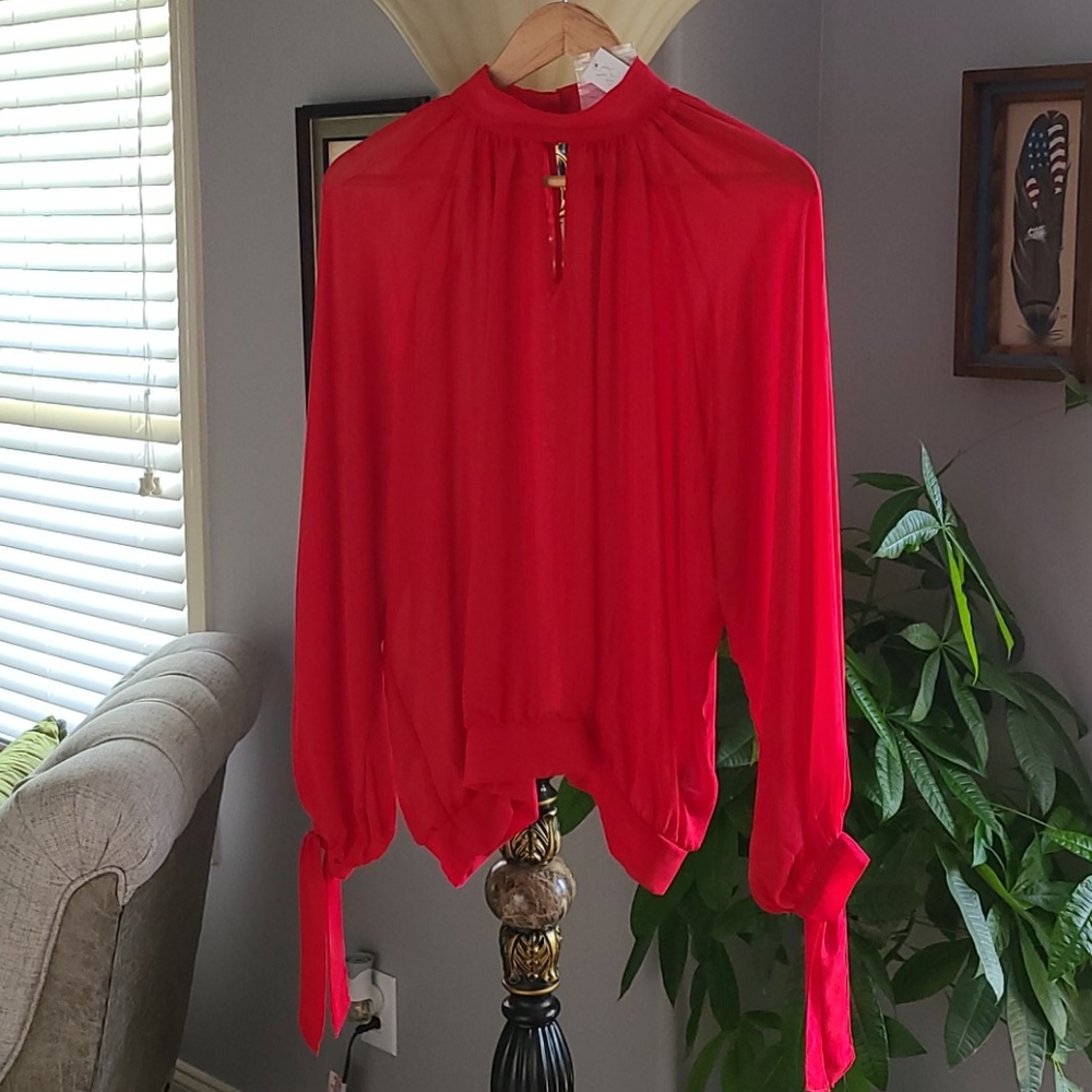Red Sheer Long Sleeves Blouse by NY&Co